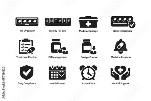 Pill organizer and medication management icons for health planning and reminders