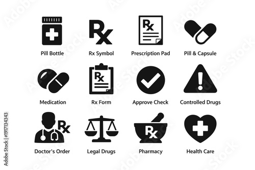 Pharmacy icons: rx symbol, pills, prescription pad, health care