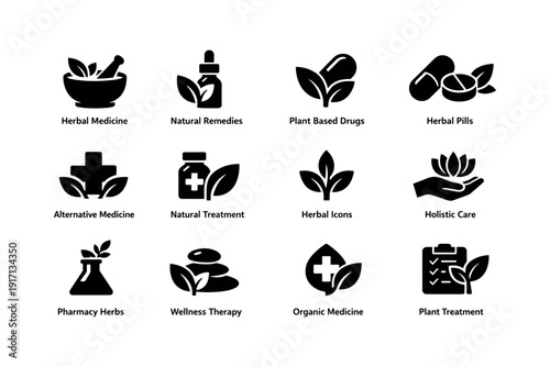 Herbal medicine and natural remedies icons for holistic care and wellness