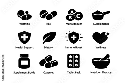 Vitamin and supplement icons: health support, nutrition, immune boost, wellness, dietary aid