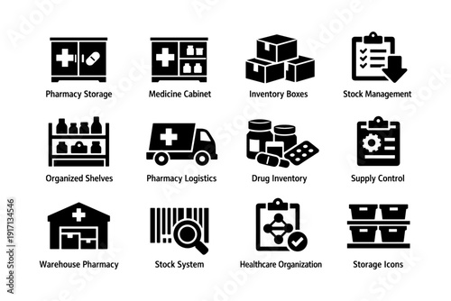 Pharmacy storage and management icons: medicine, inventory, logistics, supply, healthcare