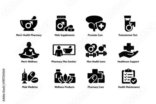 Men's health icons and pharmacy care: wellness, supplements, medicine, support