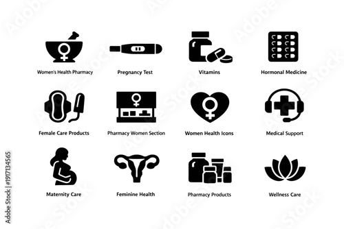 Women's health icons collection: pharmacy, maternity, wellness, medical, feminine care