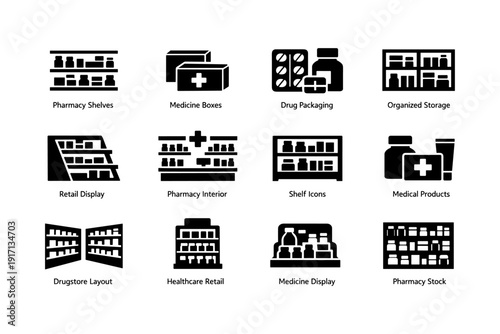 Pharmacy shelves and medicine boxes in organized drugstore layout