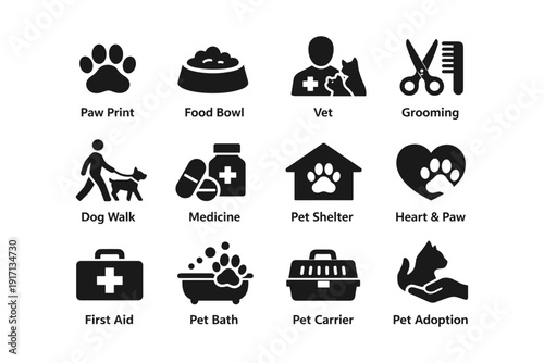 Pet care icons: grooming, medication, veterinary, shelter, adoption
