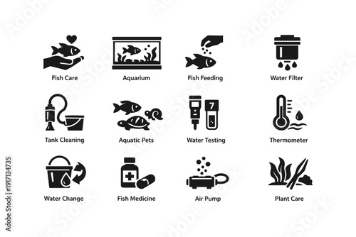 Aquarium care icons: fish feeding, water filter, tank cleaning, plant care, testing
