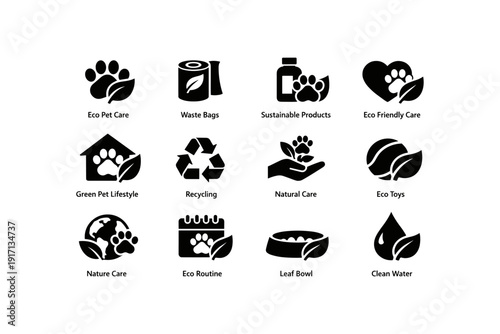 Eco pet care icons: recycling, sustainable products, natural care, clean water, green lifestyle