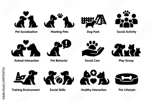 Elements of pet socialization and care: icons depicting animal interaction, social skills, and more