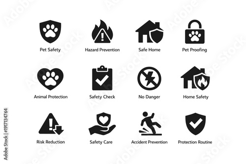 Pet safety and hazard prevention icons for home protection and risk reduction
