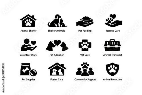 Animal shelter and care icons: rescue, adoption, feeding, and support symbols