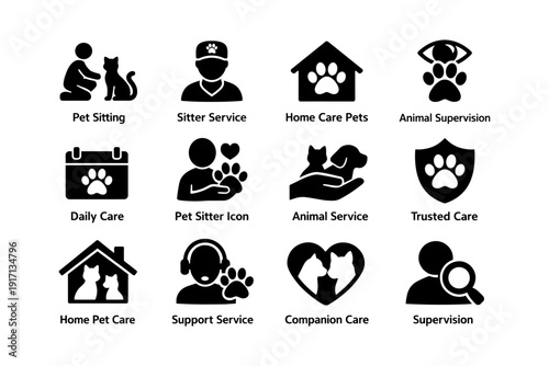 Pet care icons set: sitter, home care, supervision, daily, companion services