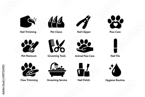 Pet care icons set featuring grooming tools and hygiene routine elements