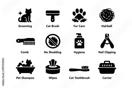 Pet grooming icons: brush, fur care, hygiene, nail clipping, bathing
