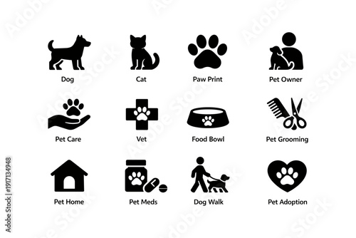 Pet care icons: dog, cat, paw print, vet, grooming, adoption