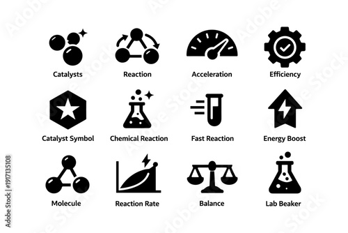 Set of chemistry icons including catalyst, reaction, and energy boost symbols