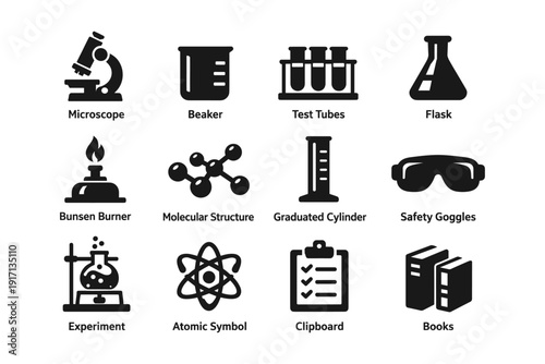 Science lab equipment icons including microscope and test tubes