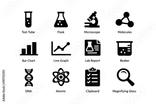 Science icons set featuring microscope, beaker, dna, and graphs