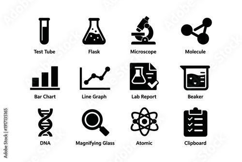 Scientific icons collection: test tube, microscope, dna, graphs, atomic