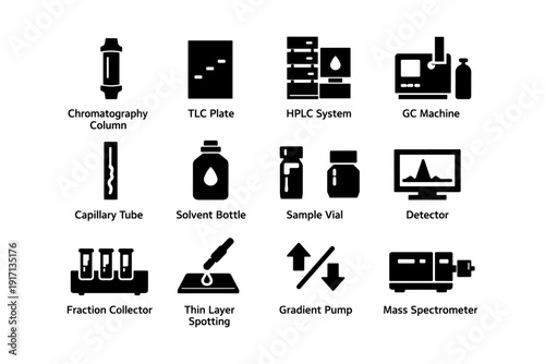 Laboratory equipment icons: chromatography, hplc, gc machine, capillary tube, mass spectrometer