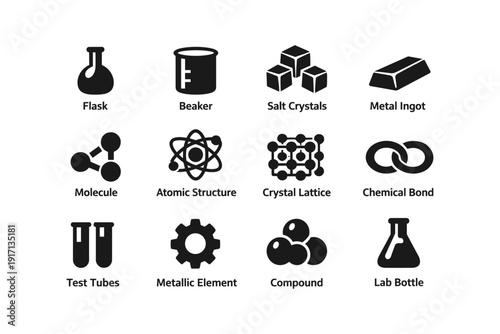 Chemistry icons set: beaker, flask, molecule, atomic structure, chemical bond