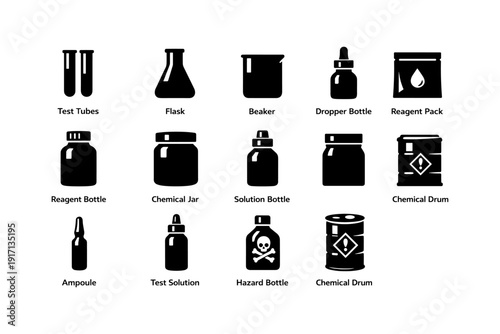 Chemistry laboratory equipment icons collection: test tubes, flask, beaker, solution bottles