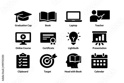 Education icons set featuring graduation cap, laptop, book, teacher, certificate, and lightbulb