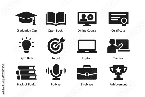 Educational icons: graduation, online learning, innovation, achievement, teaching