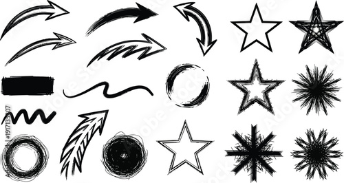 Grunge Hand-drawn Arrows Stars and Circles Collection Isolated on White Vector