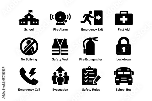 School safety icons: fire alarm, emergency exit, no bullying, lockdown, evacuation, first aid