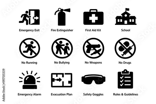 Emergency and safety signage icons for schools and public spaces