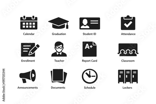 Educational icons set: calendar, graduation, id, attendance, enrollment, teacher, report card, classroom