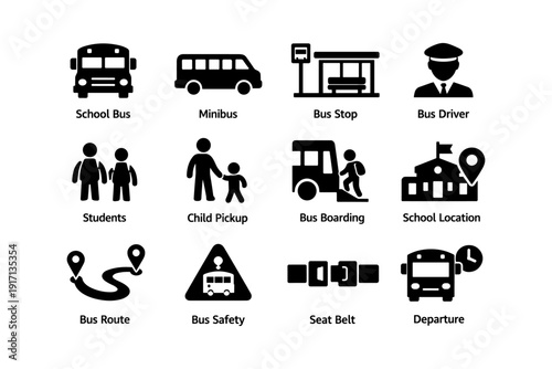 School transportation icons: bus, minibus, driver, students, safety, seat belt, route