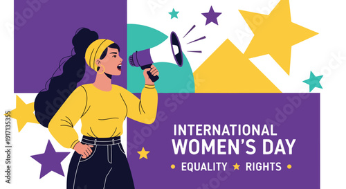 International Women’s Day poster featuring woman with megaphone promoting equality, empowerment, justice, and female voice awareness in modern society celebration design