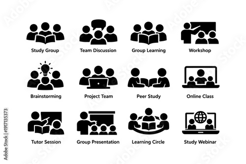 Icons representing study group, team discussion, and learning activities
