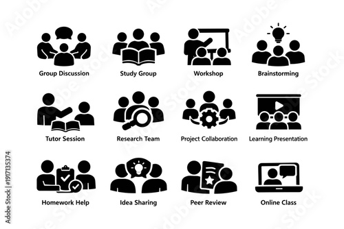 Icon set: group discussion, study, workshop, brainstorming, tutoring, research, collaboration, learning
