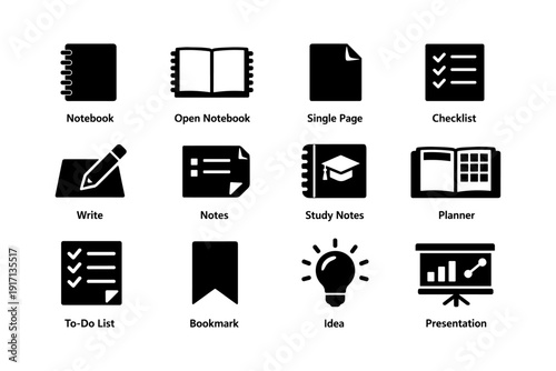 Icons for notebook, planner, notes, checklist, presentation, and ideas