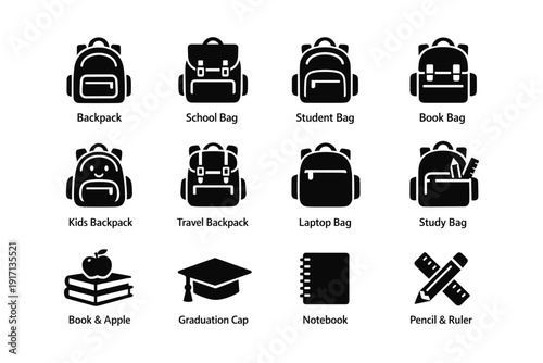 Variety of backpack and school icon illustrations with accessories