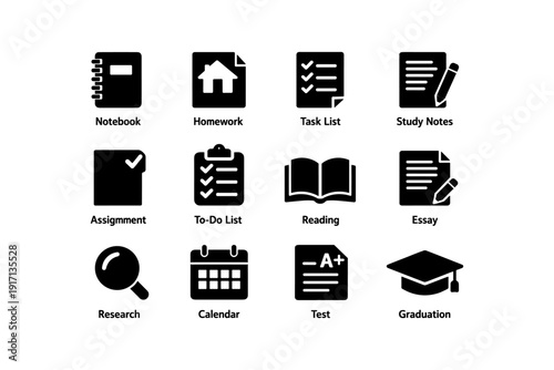 Black and white education icons for study and planning tasks