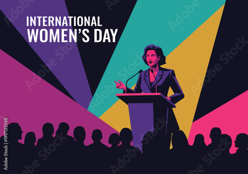 International Women’s Day vector poster of confident female leader speaking at podium inspiring empowerment, equality, leadership, and motivation for global women celebration