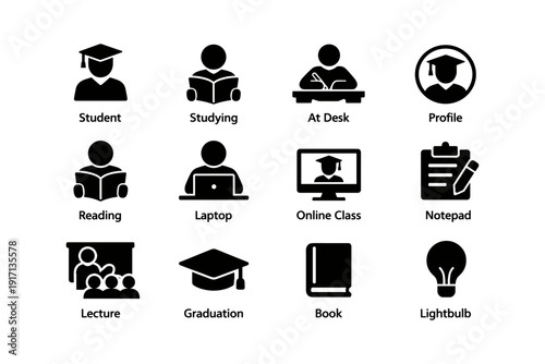 Educational icons: student, studying, graduation, online learning, book