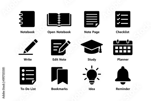 Icons of notebook, checklist, pencil, graduation cap, calendar, lightbulb, bell