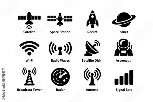 Space technology icons: satellite, rocket, planet, and communication symbols