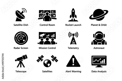 Space exploration icons: technology, astronomy, rocket launch, satellite, astronaut, data analysis
