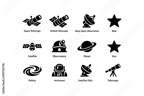 Space exploration icons: telescope, satellite, astronaut, galaxy, planet