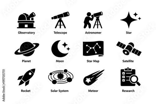 Astronomy icons: telescope, astronomer, star, planet, moon, satellite, rocket