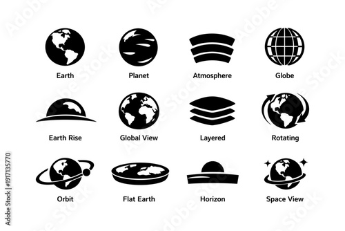 Set of earth-themed icons representing globe, atmosphere, horizon, and space views