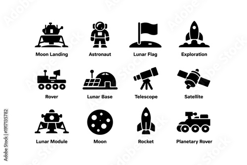 Space exploration icons: moon landing, rover, satellite, rocket, astronaut