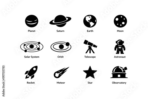 Astronomy icon set: planet, saturn, earth, moon, solar system, orbit, telescope, astronaut
