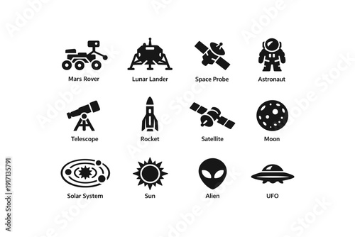 Space exploration icons: rover, lander, probe, astronaut, telescope, rocket, satellite, moon, solar system, sun, alien, ufo