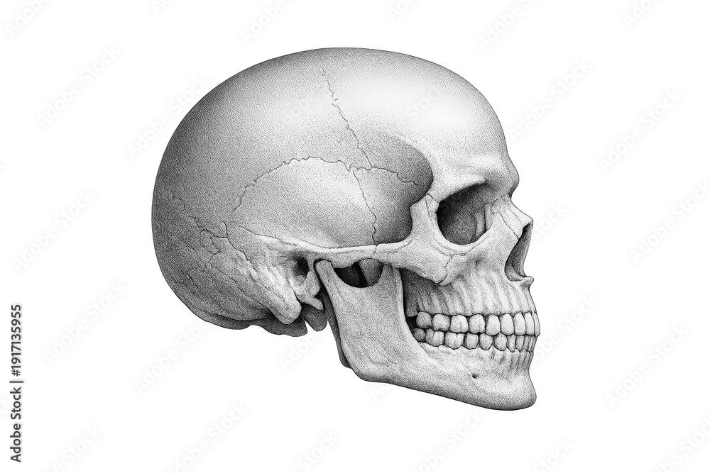 Obraz premium Human skull profile view with visible sutures on bone structure, illustrating anatomy and medical study concept